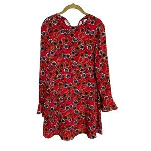 Wayf Red Daisy Floral Flute Flare Sleeve Boho Dress Tie Back Small
